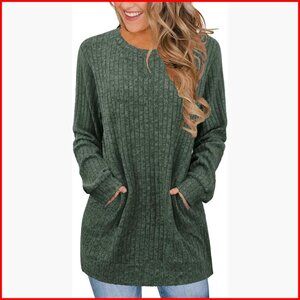 Long Sleeve Crewneck Tunic Sweater with Pocket, Lightweight Polyester Blend